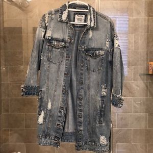 Longline denim jacket distressed with acidy wash